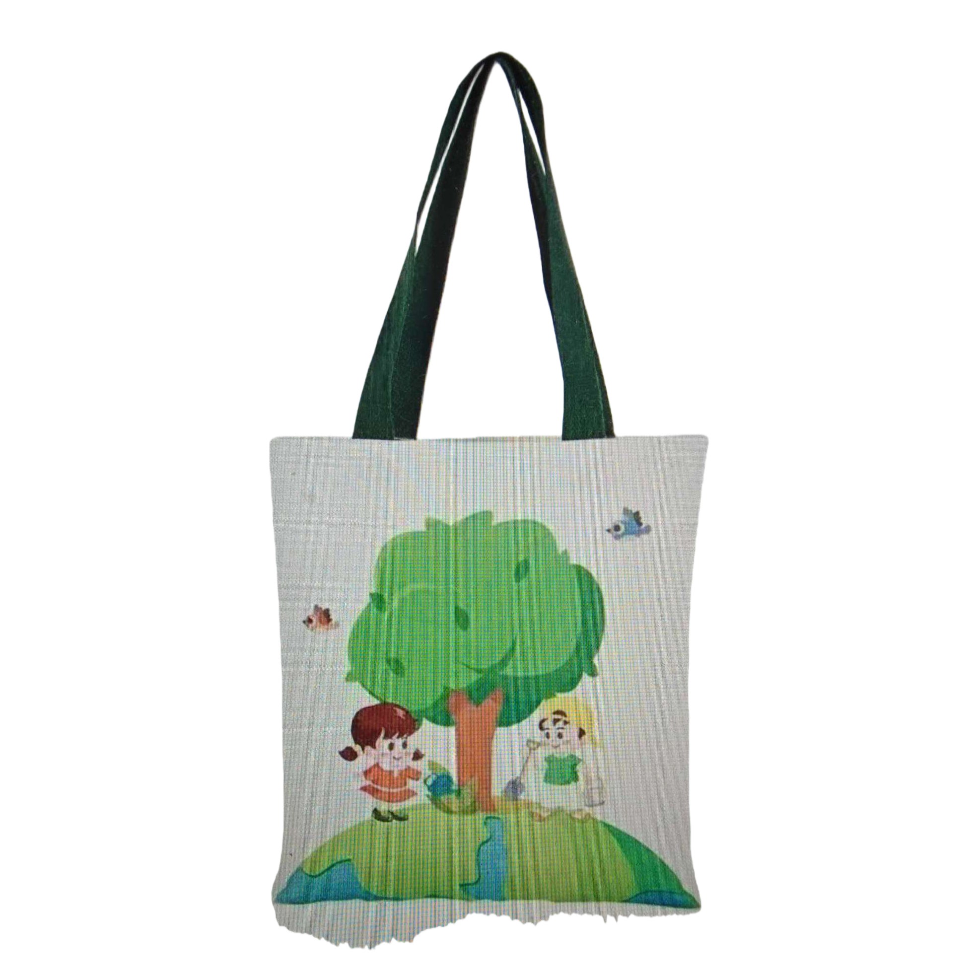 Bolsa de lona blanca con asas verdes para niños dibujos animados árbol pájaro tierra patrón eco tote bag Item Picture