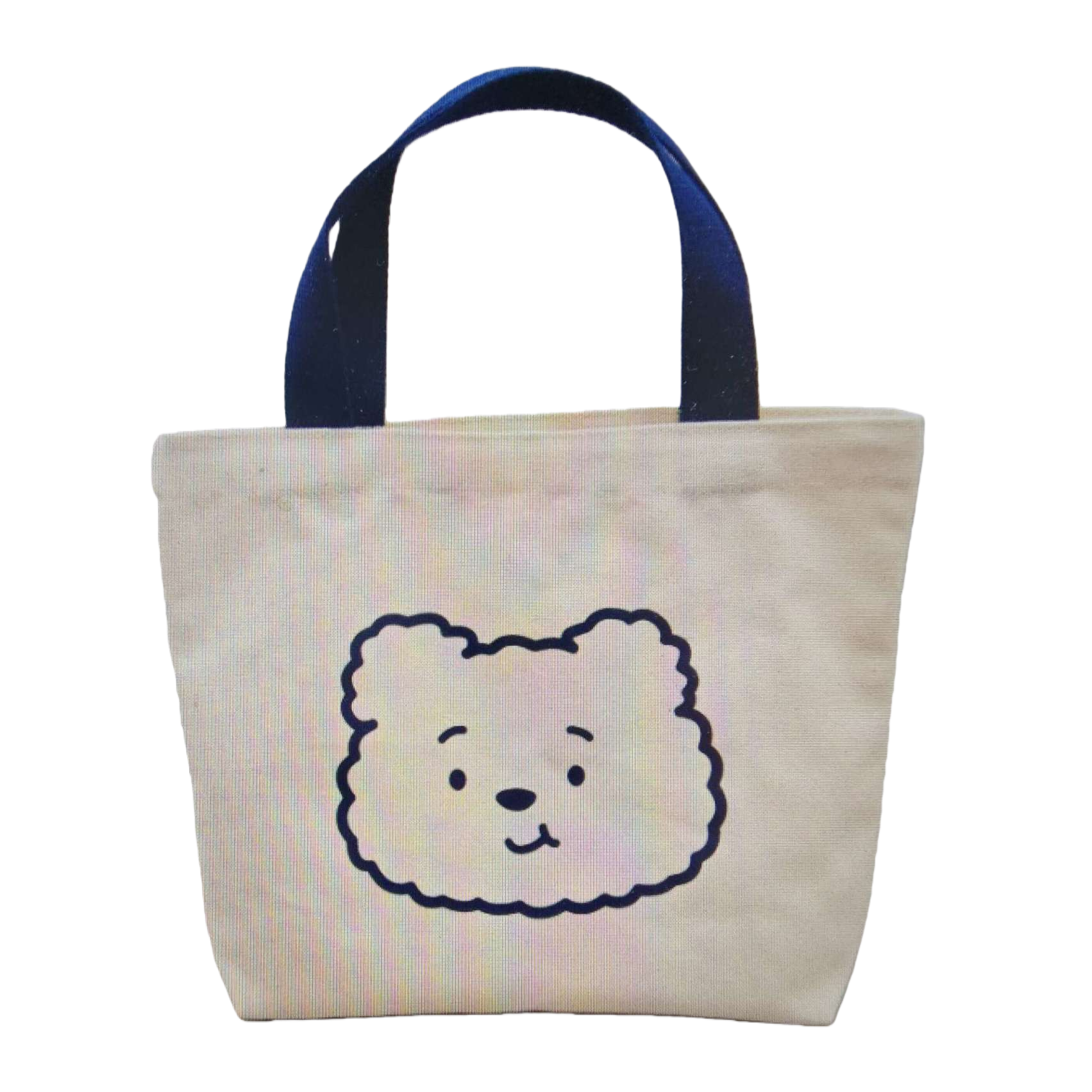 A simple and versatile handbag with a beige canvas bag featuring a cartoon bear face pattern Item Picture