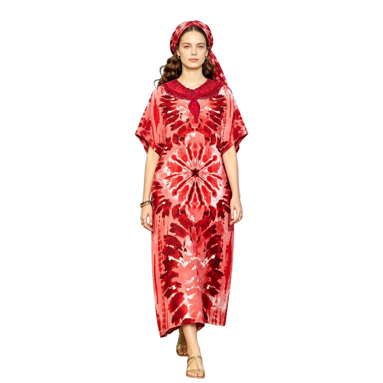 A red tie-dyed long dress with a headscarf, a literary and retro women's summer dress Item Picture