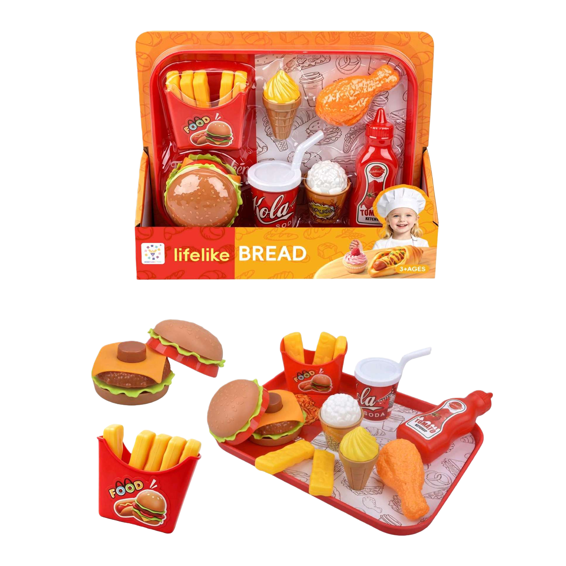 Color juguetes comida rápida set hamburguesas patatas fritas patatas fritas helado taza de cola salsa de tomate botella bandeja roja Item Picture
