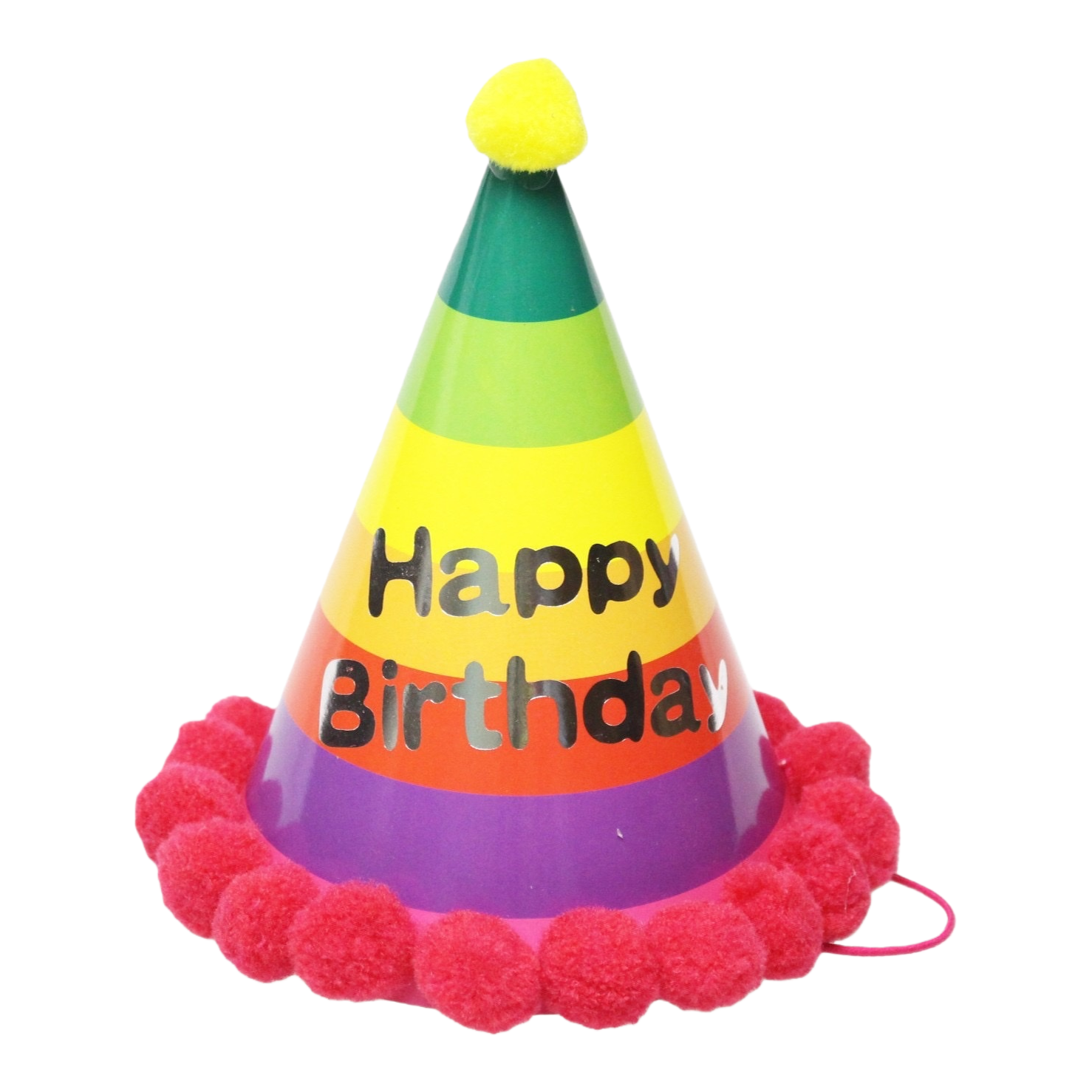 彩虹条纹生日帽，顶部黄色绒球，底部红色绒球装饰，印有“Happy Birthday”字样白底实物图