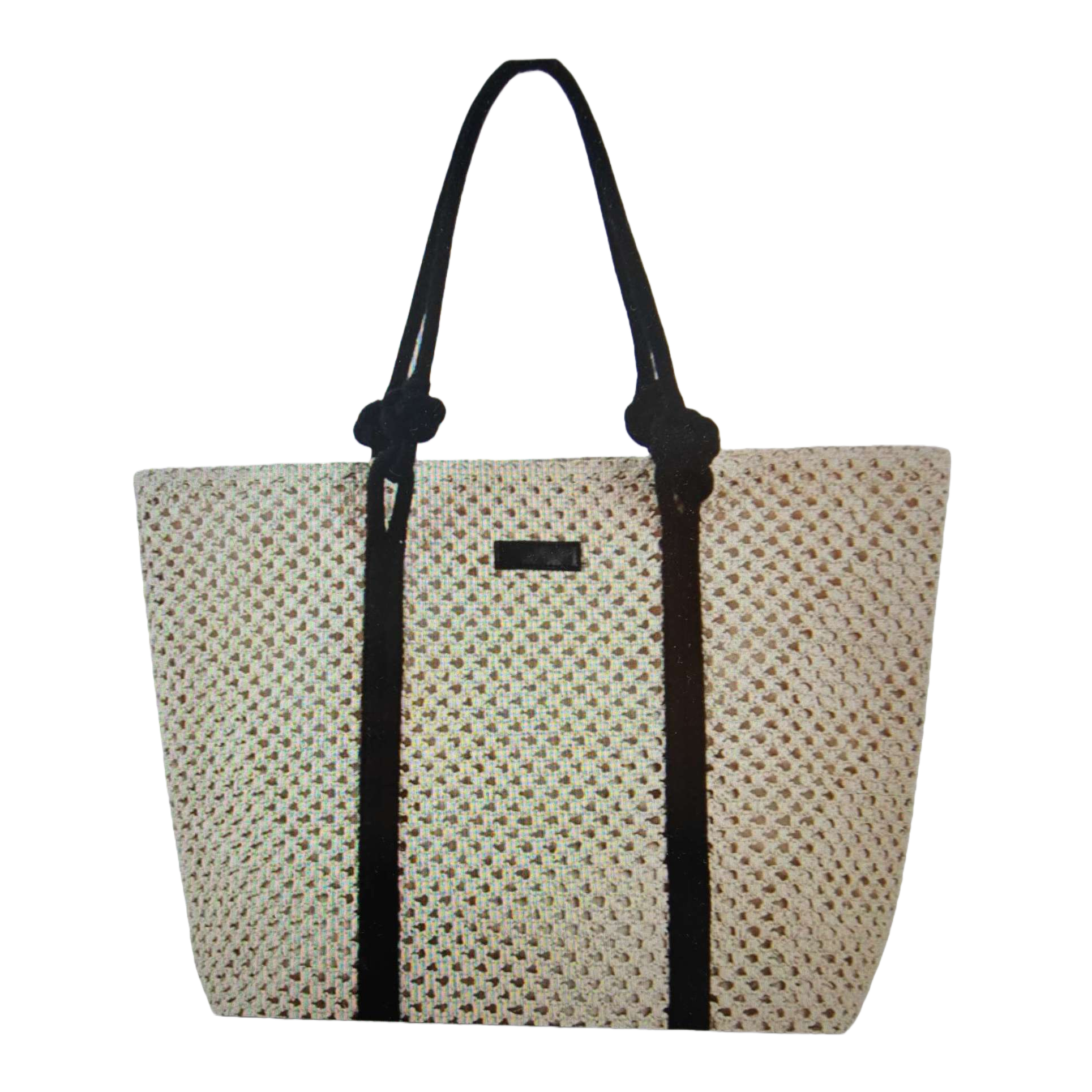 Beige woven bag with black knot handle and shoulder casual tote bag Item Picture