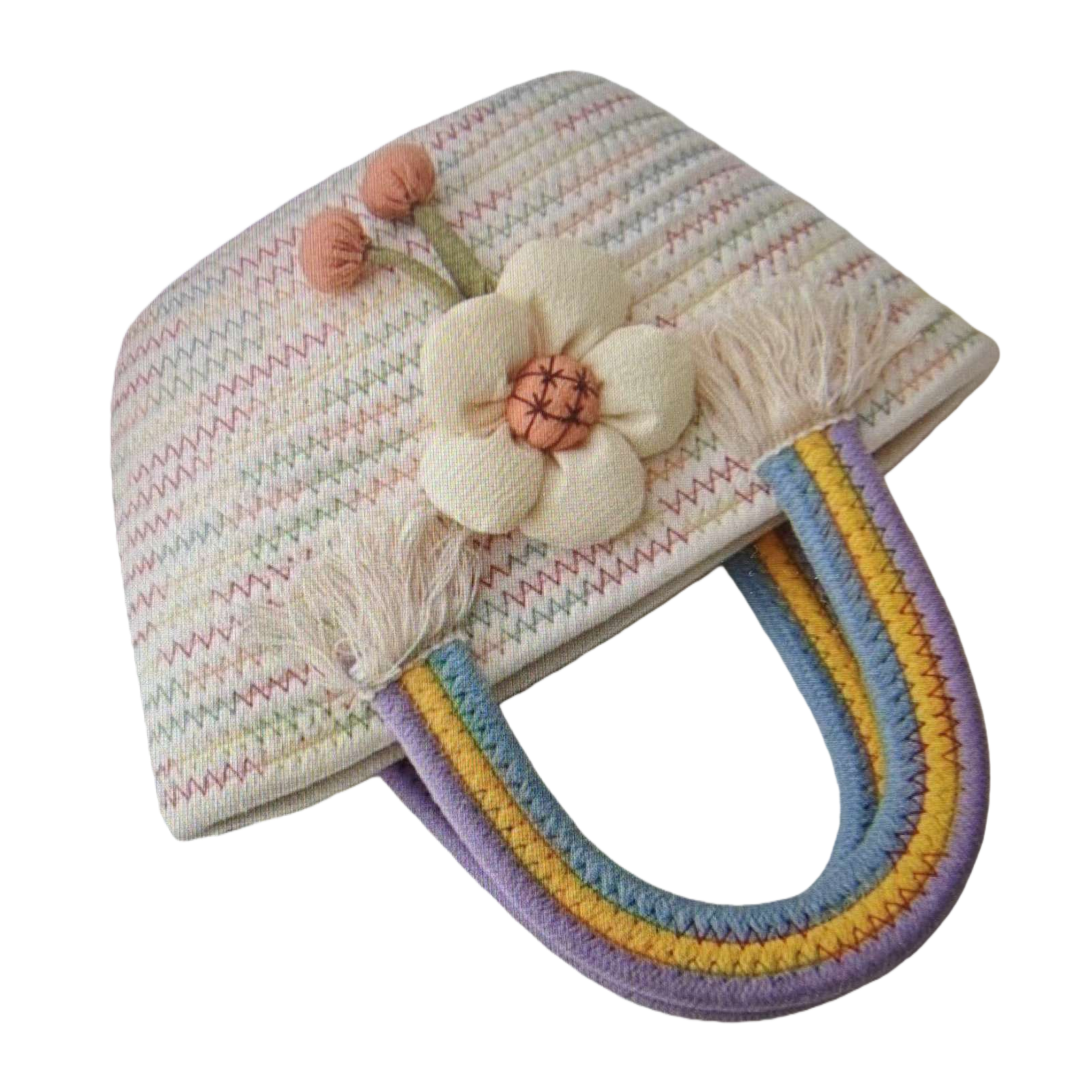 Colorful embroidered flower handbag, rainbow-colored U-shaped handle, white keyboard style Item Picture