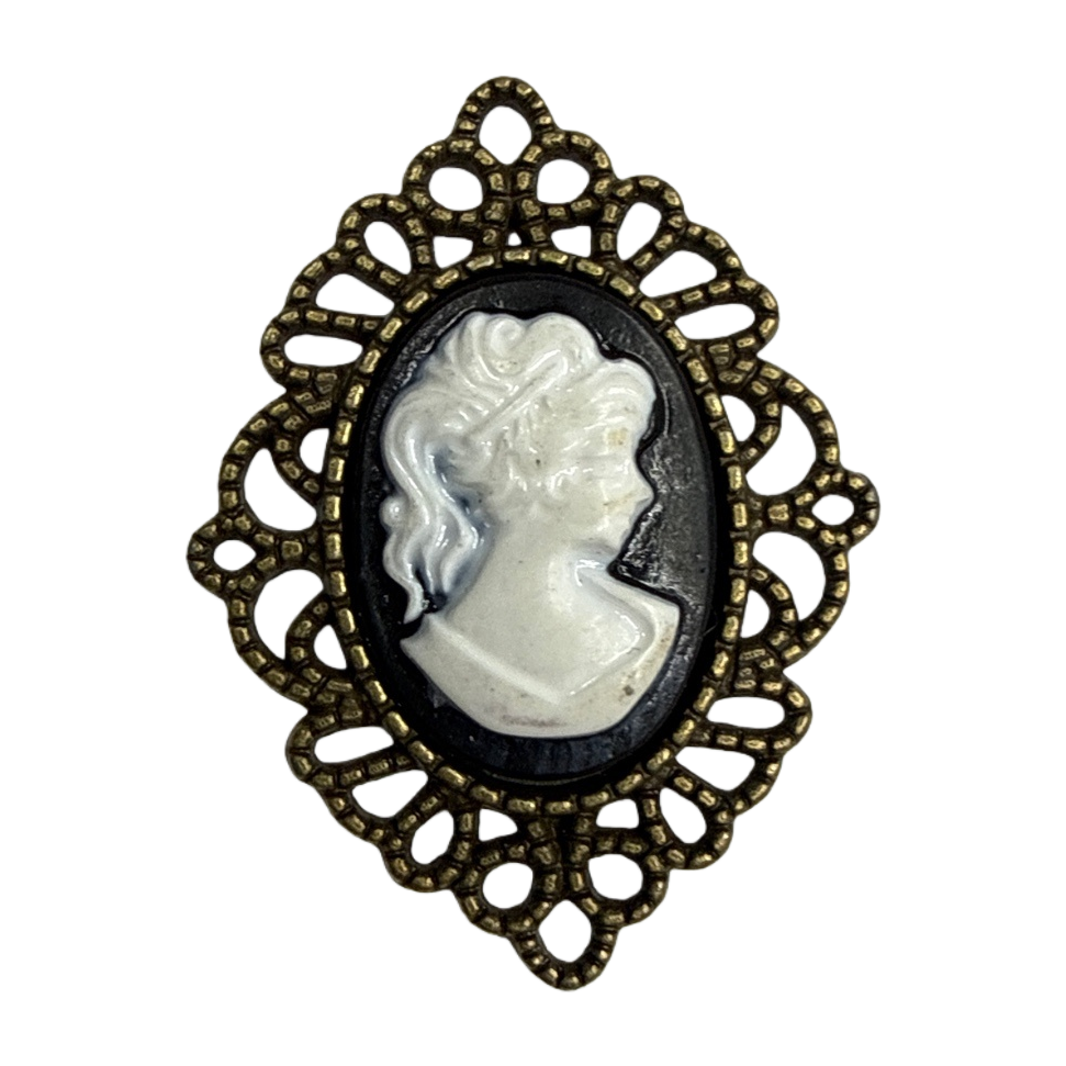 Oro bisel calado fondo negro blanco relieve mujer lateral broche vintage Specification image