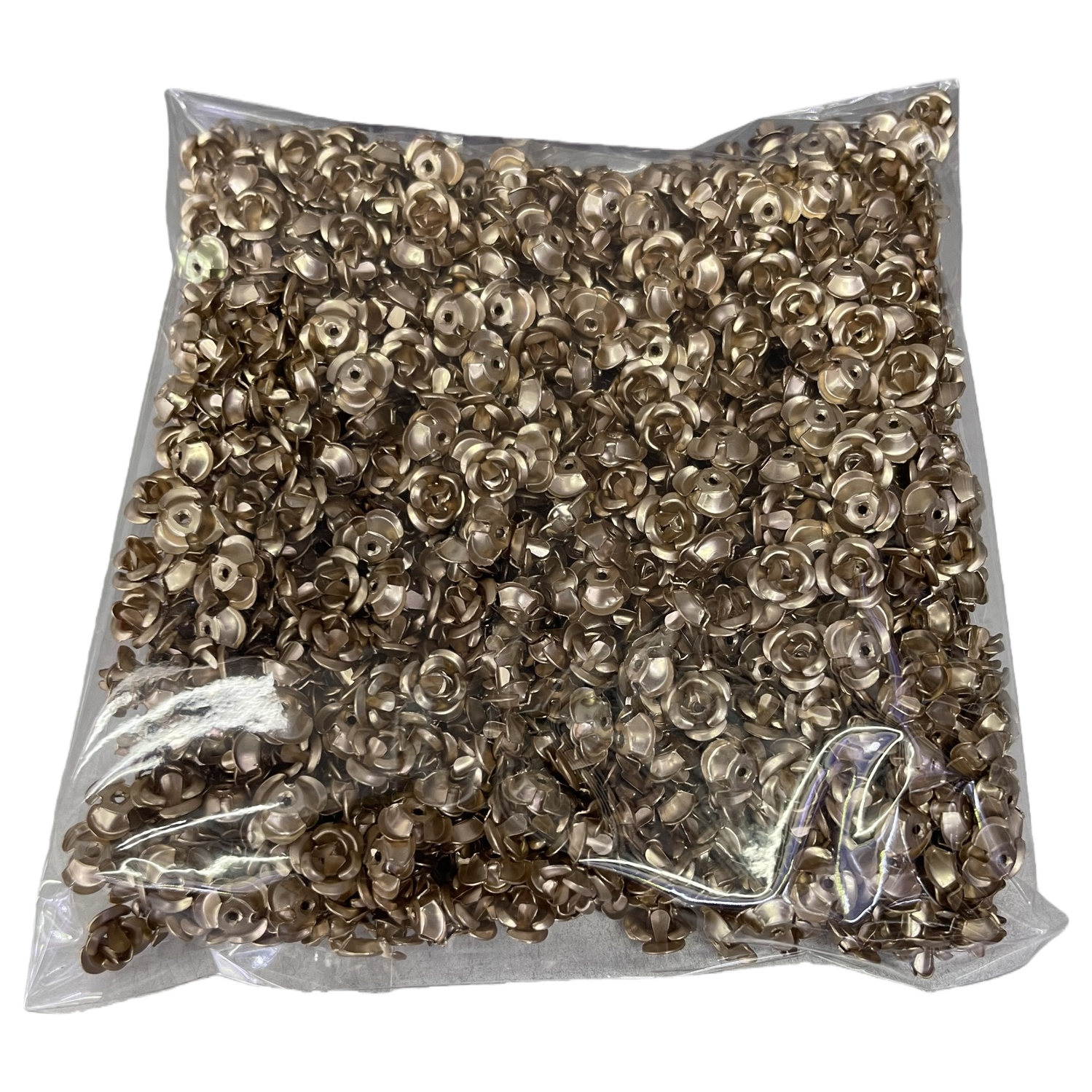 Remaches metálicos en forma de flor de rosa de oro en bolsa de plástico transparente Item Picture