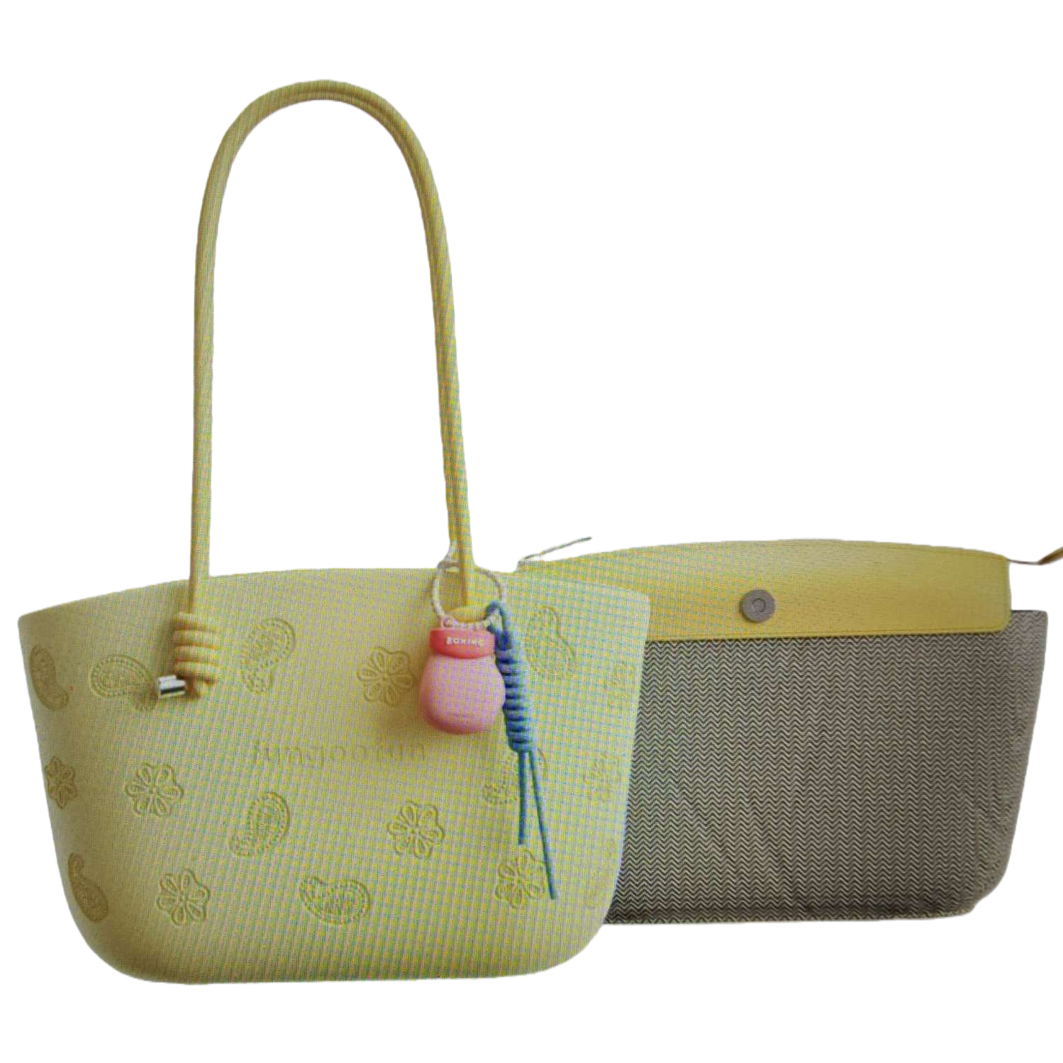 Yellow handbag with Paisley embossing of flowers, pink gourd pendant, blue spiral rope and grey wavy lining Item Picture