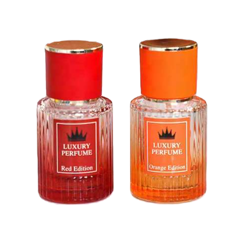 红色橙色玻璃喷雾瓶 圆柱竖纹红橙瓶盖 LUXURY PERFUME Red Edition Orange Edition白底实物图