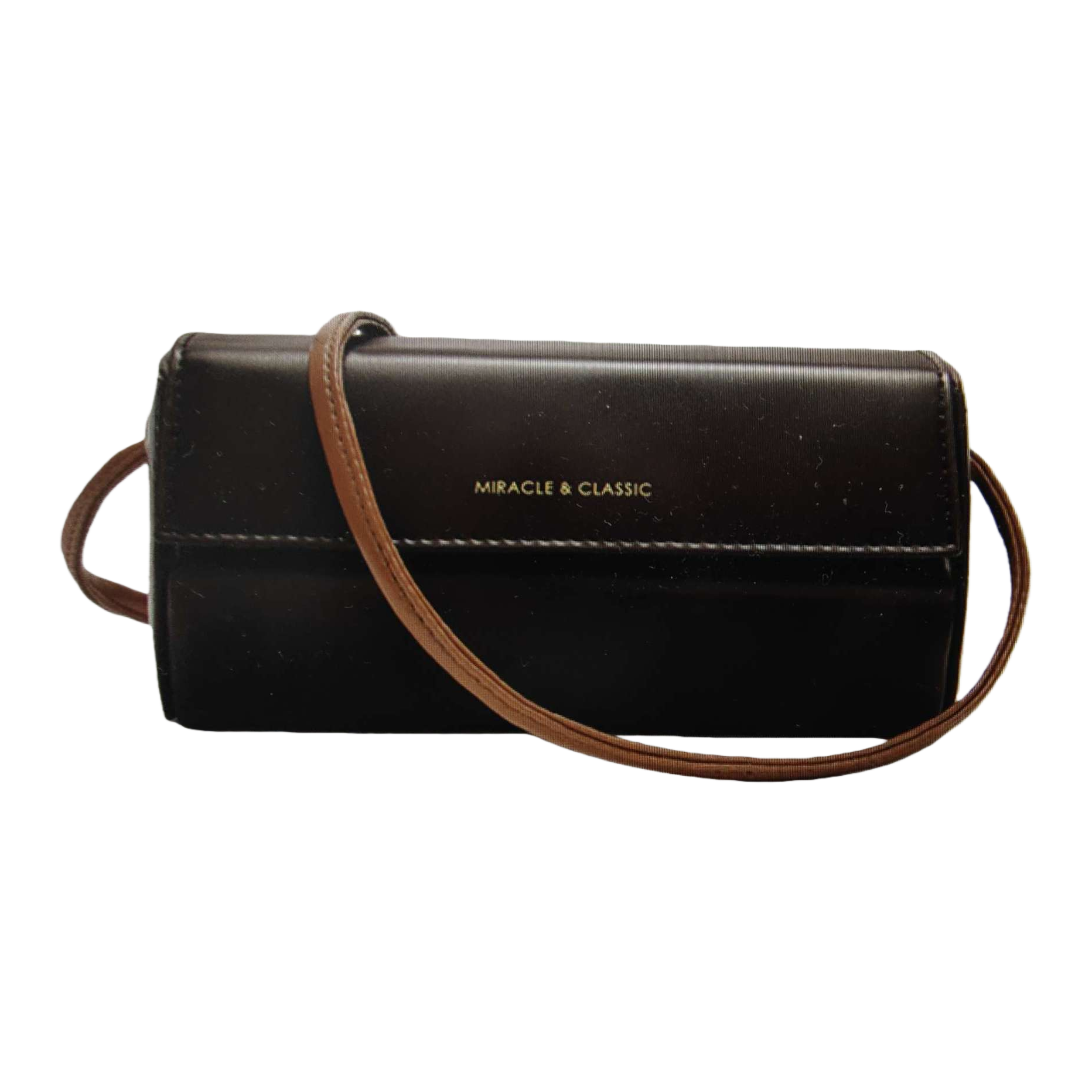 A black leather crossbody bag with a brown shoulder strap and golden MIRACLE & CLASSIC letches on the front Item Picture