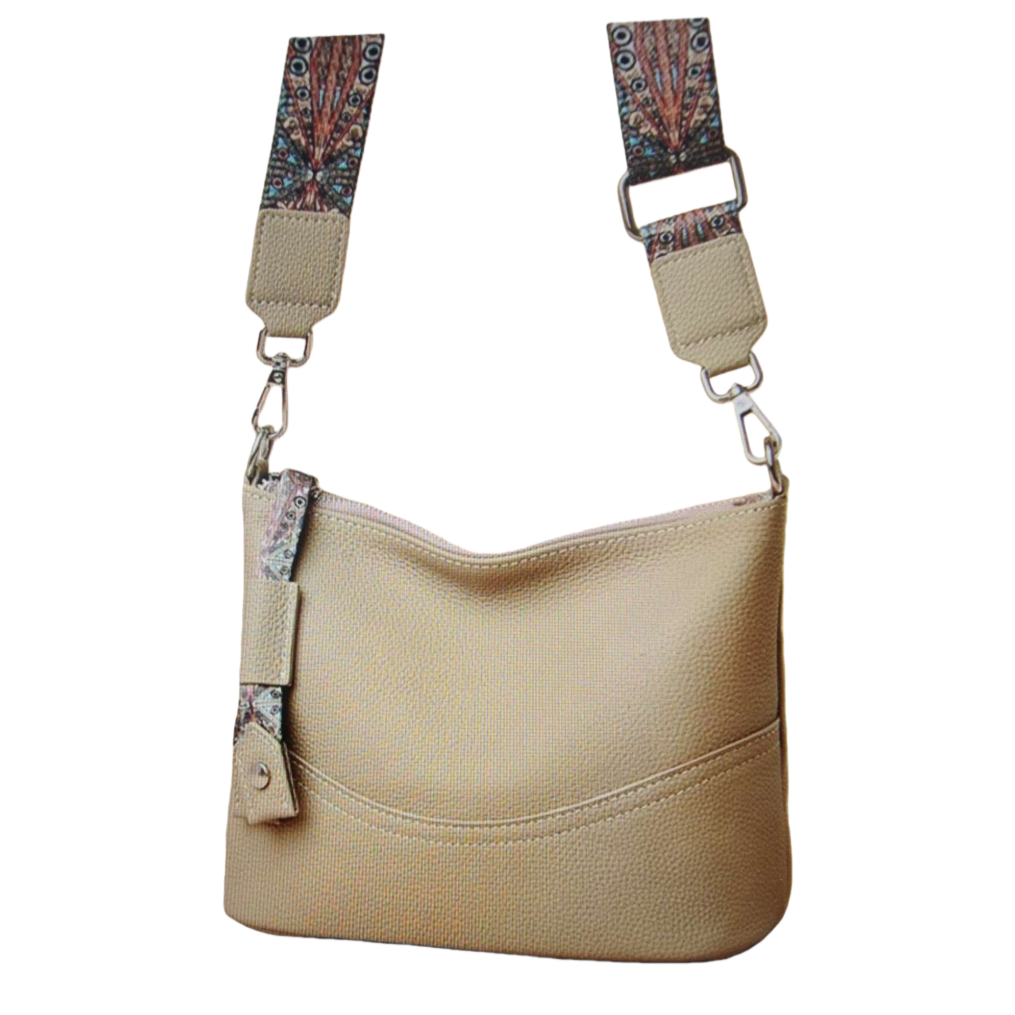 A beige textured leather crossbody bag with a colorful patterned shoulder strap Item Picture