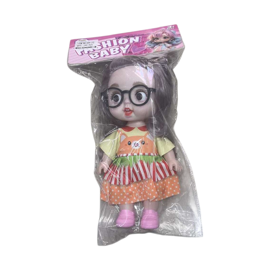 粉色包装戴眼镜穿花裙子娃娃白底实物图