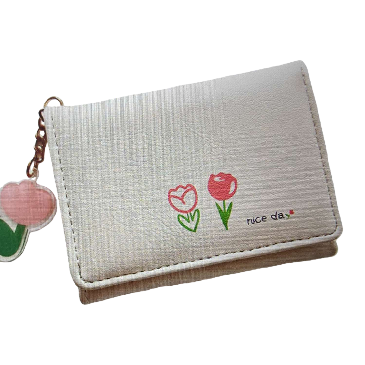 A small white wallet is printed with two red tulips and a nice day with a pink heart-shaped pendant Item Picture