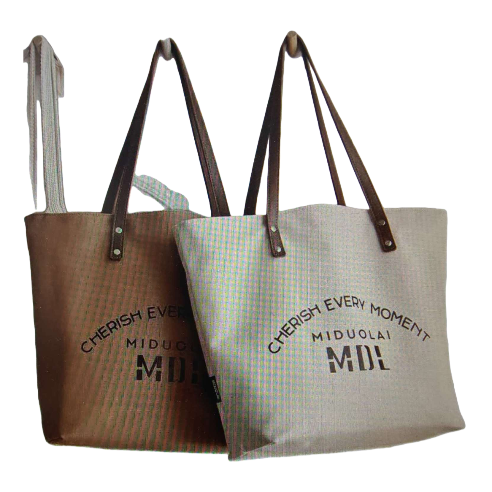 Beige brown canvas tote bag dark brown leather handle CHERISH EVERY MOMENT MIDUOLAI MDL Item Picture