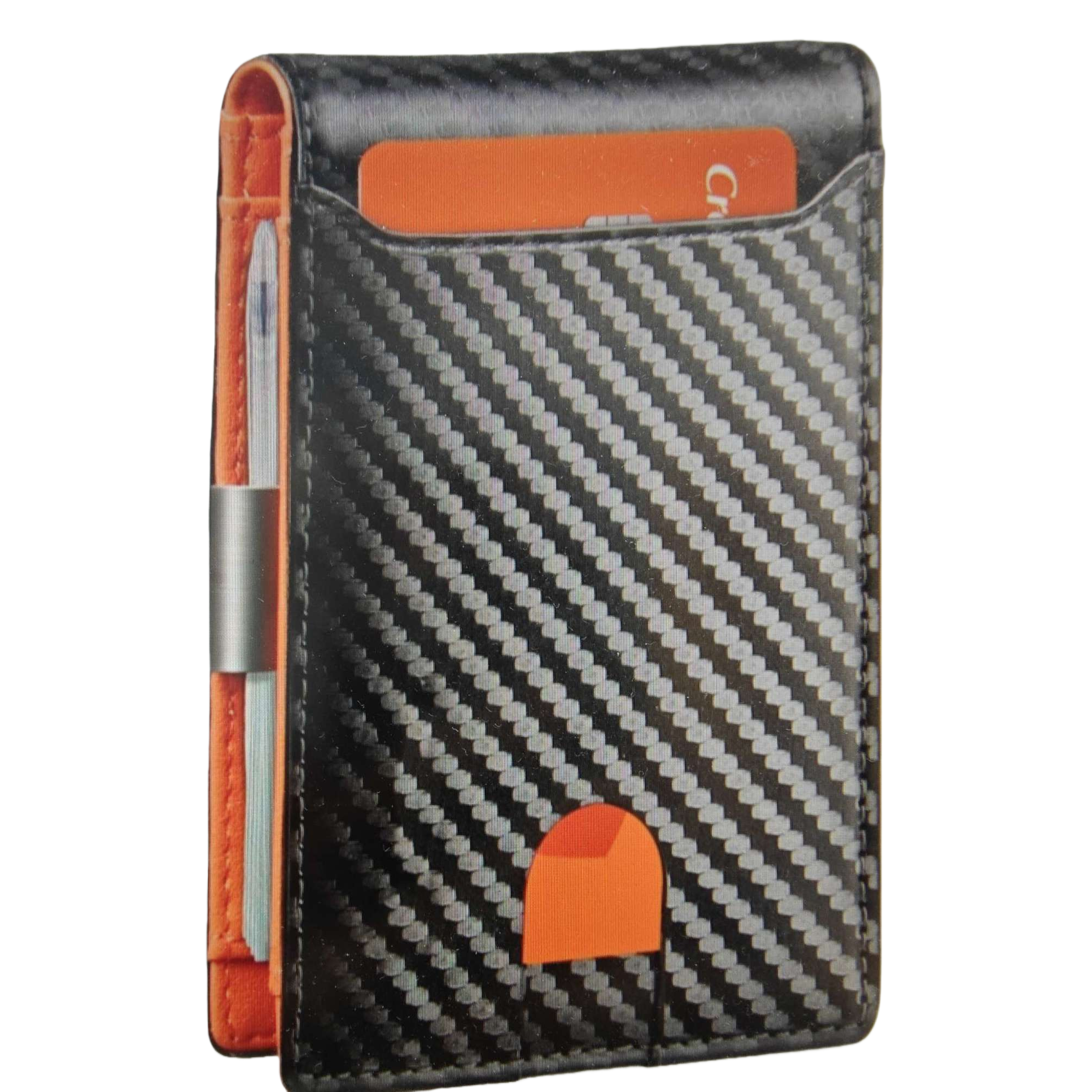 Black carbon fiber textured wallet with orange inner lining card slot, simple and lightweight for men Item Picture