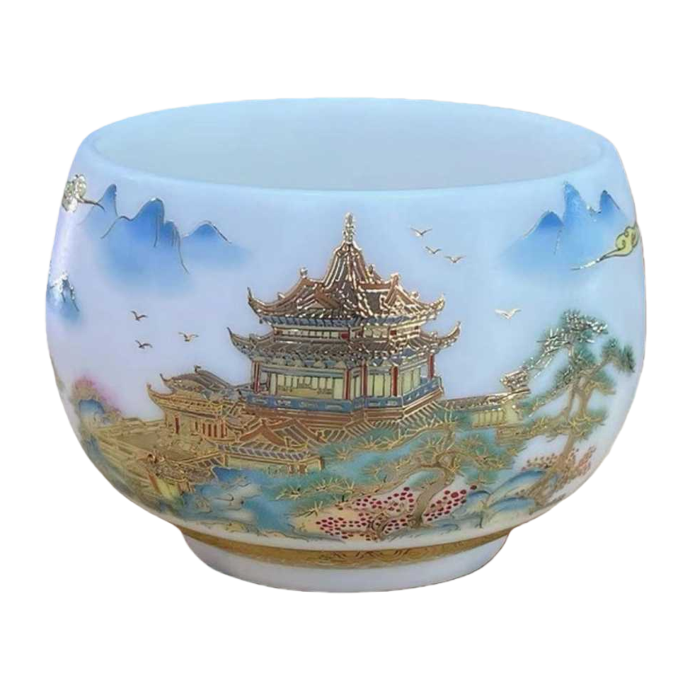 彩绘山水楼阁陶瓷碗 家用中式餐具 青花瓷风 dinnerware白底实物图