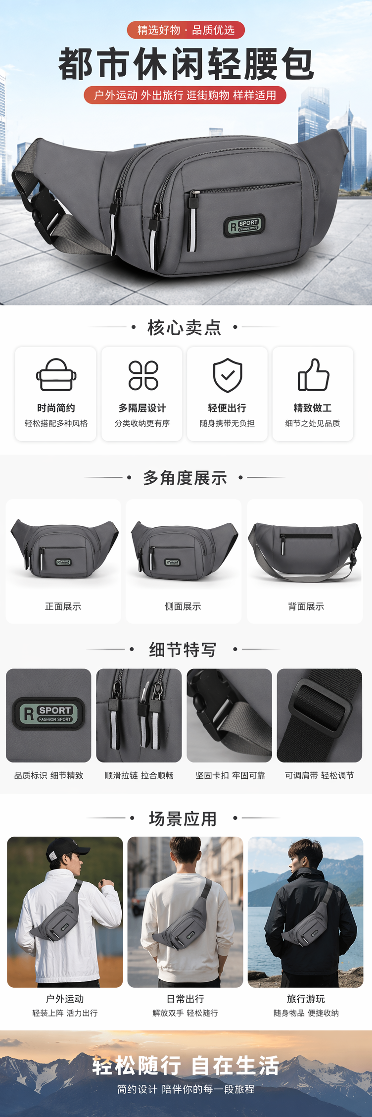灰色腰包 男女同款轻便多功能斜挎腰包可调节详情1