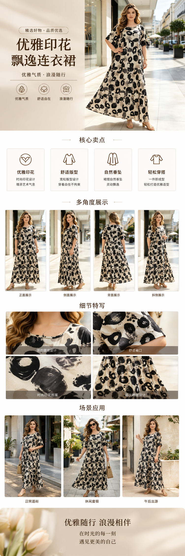 黑白抽象图案女士长裙详情1