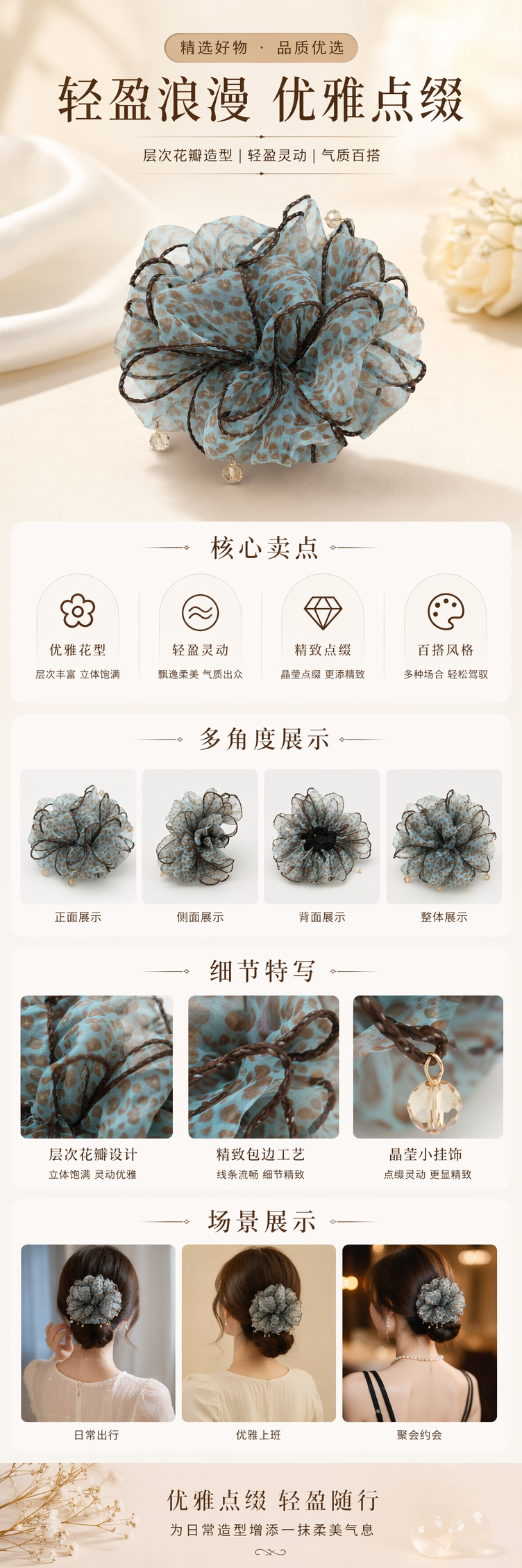 蓝底豹纹纱质花朵装饰品 家居布艺软装点缀详情1