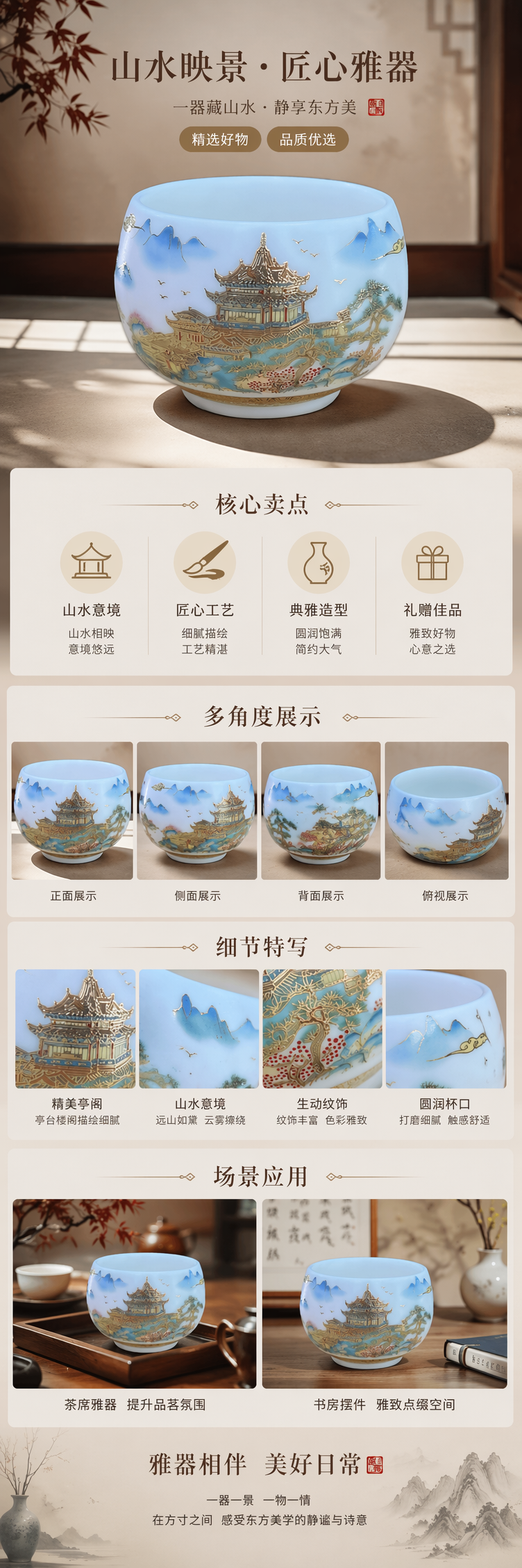 彩绘山水楼阁陶瓷碗 家用中式餐具 青花瓷风 dinnerware详情1