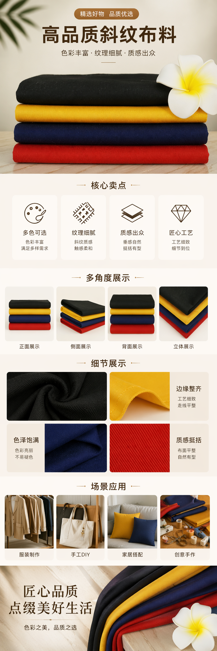 彩色布料堆叠设计蓝色黄色红色黑色右上角白色鸡蛋花带黄心详情1