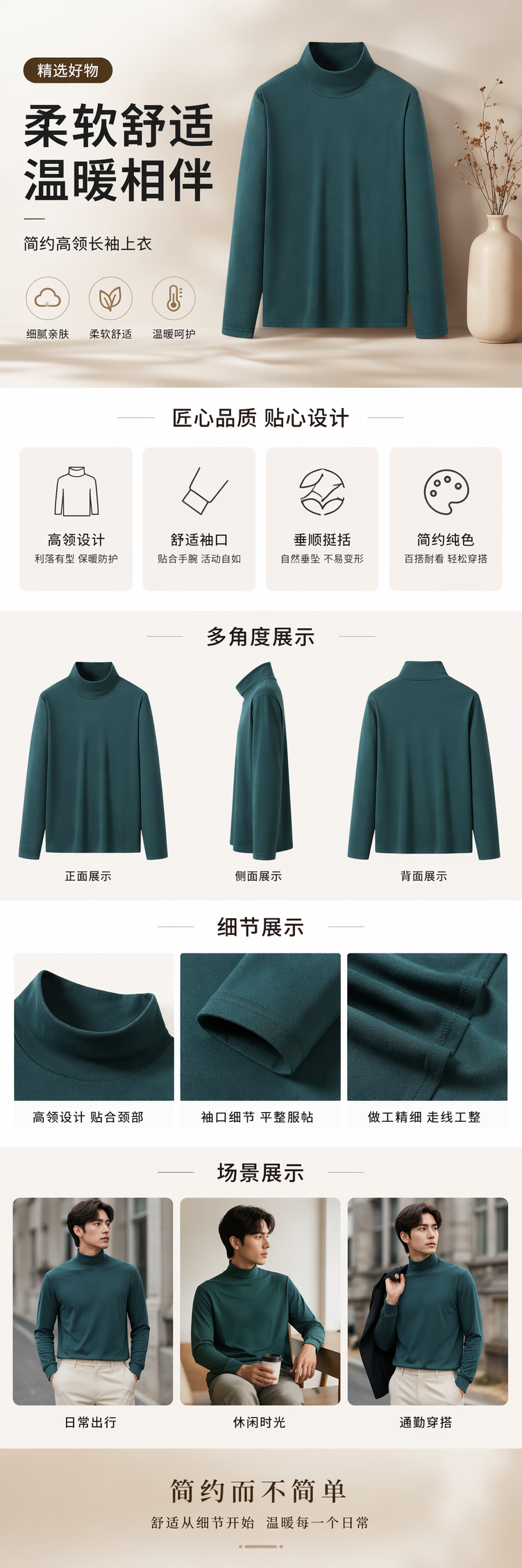 深绿色高领长袖上衣 修身显瘦纯棉针织秋冬打底衫详情1