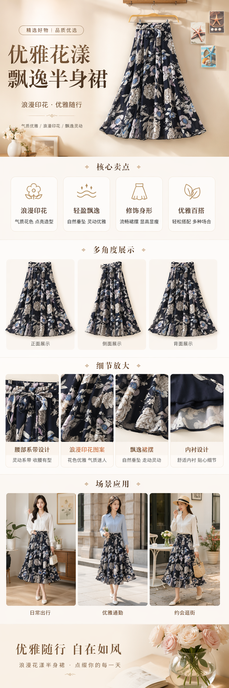 大摆雪纺碎花长裙夏季高腰宽松a字裙ins半身裙女夏中长款沙滩裙子详情1