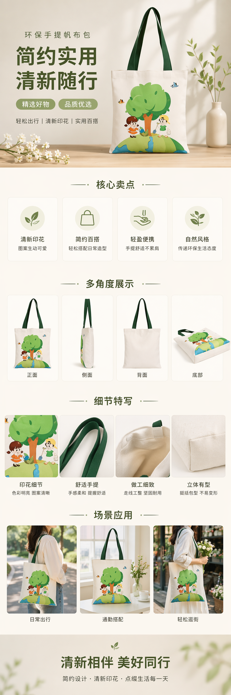 绿色提手白色帆布袋卡通树孩子小鸟地球图案详情1