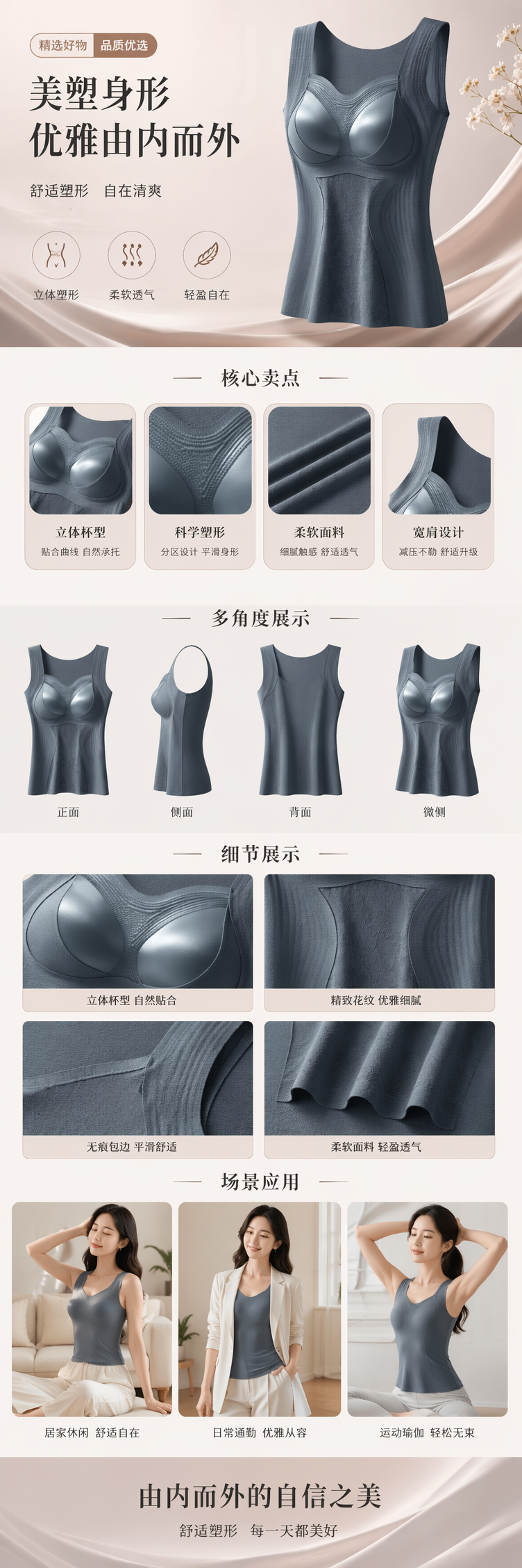 灰色无袖保暖塑身内衣带内置胸垫详情1