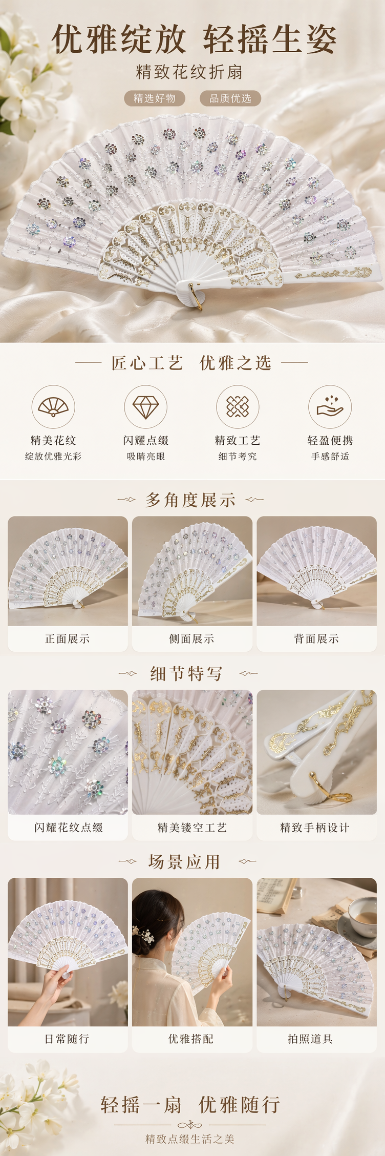 白色蕾丝镶钻工艺折扇 高档手工花布团扇 折叠广告扇详情1