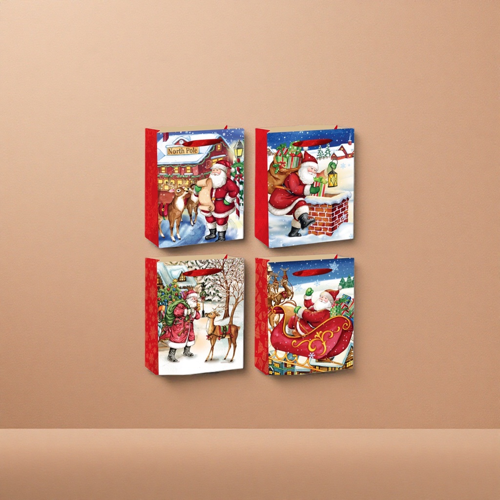 Red Christmas gift bag, Santa Claus, reindeer, chimney, snowy night trip, festival pattern