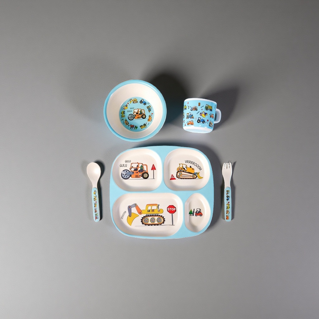 蓝色儿童工程车卡通餐具套装含分格餐盘碗杯子勺子叉子
