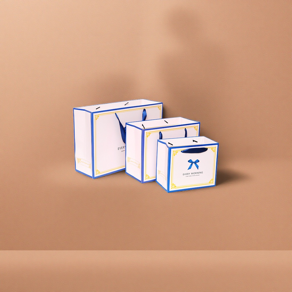 Blue border, white gift bag, thickened hand-held eco-friendly shopping bag, gift packaging bag