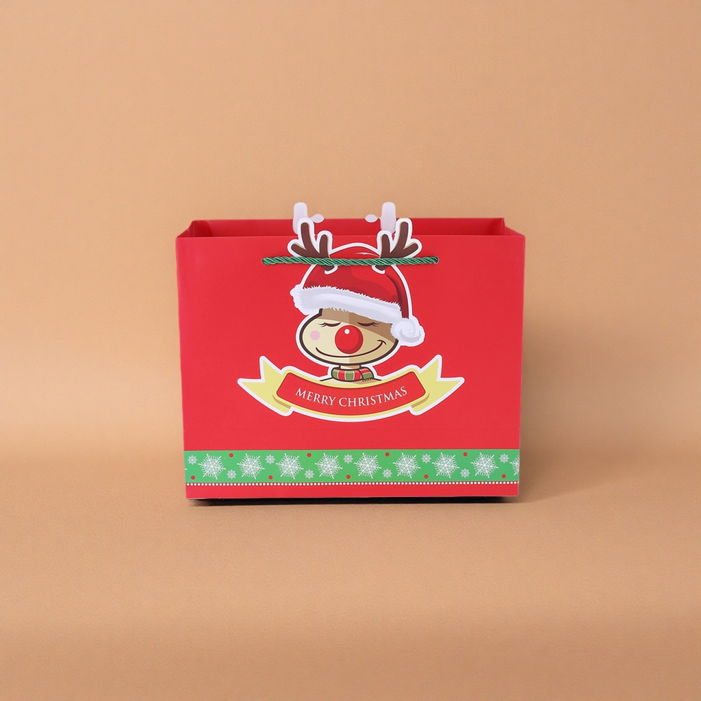 Red Christmas reindeer gift bag, large hand-held holiday packaging bag Application Scenario