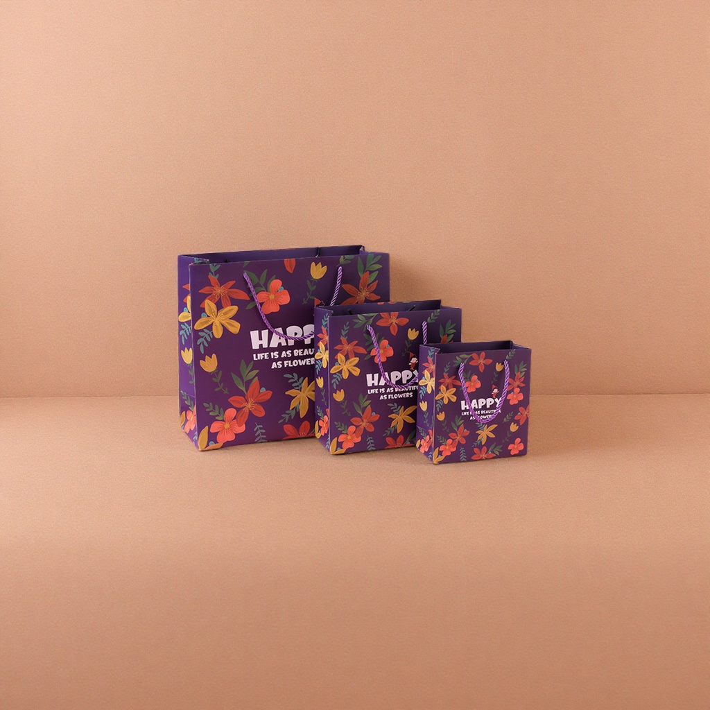 Purple floral pattern gift bag, large hand-held eco-friendly paper bag, gift packaging bag Specification image