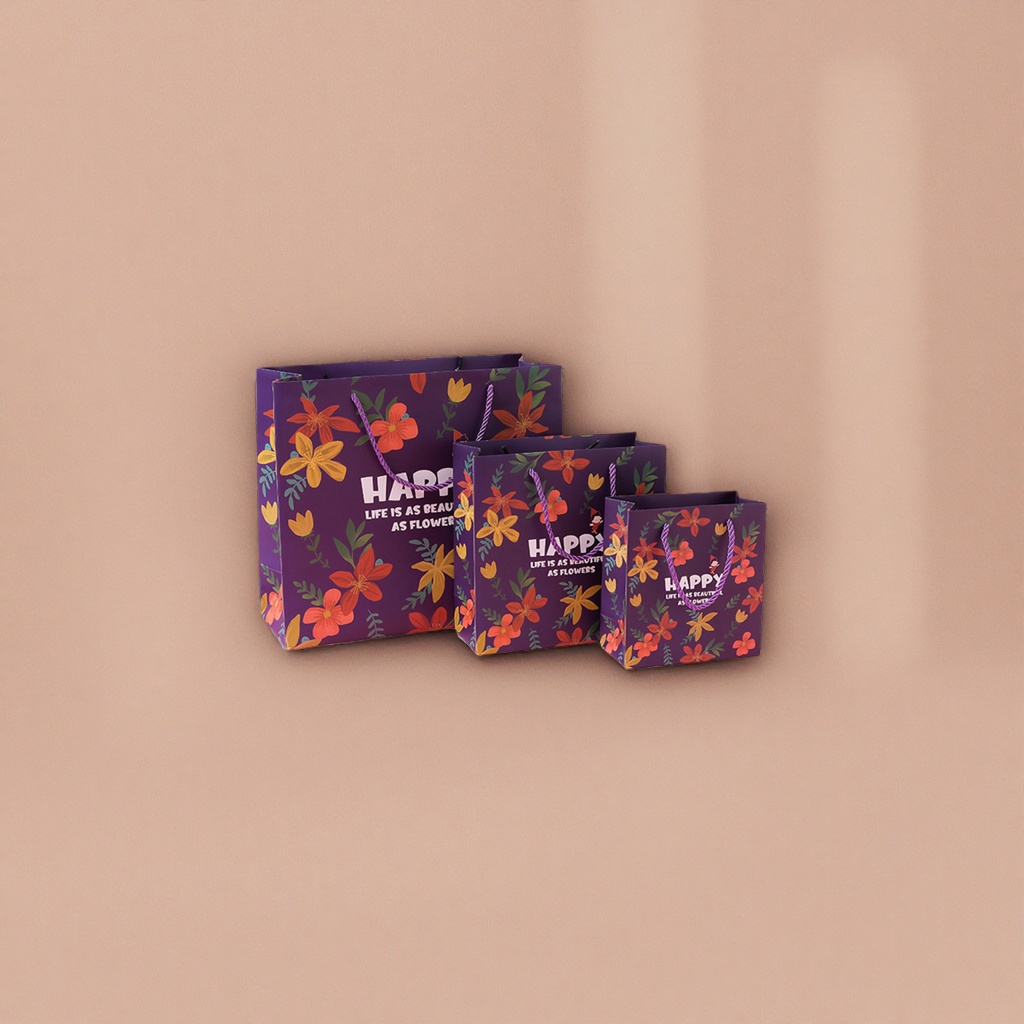 Purple floral pattern gift bag, large hand-held eco-friendly paper bag, gift packaging bag details Picture