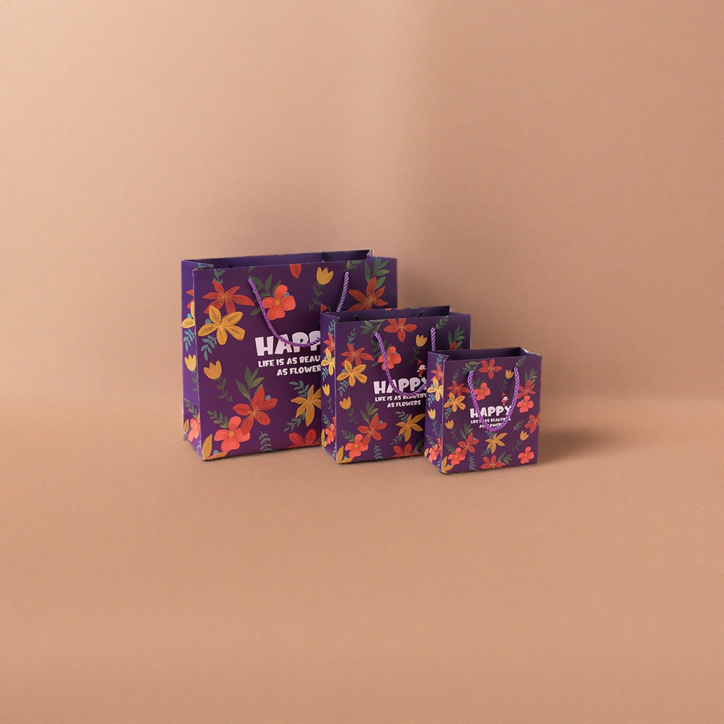 Purple floral pattern gift bag, large hand-held eco-friendly paper bag, gift packaging bag