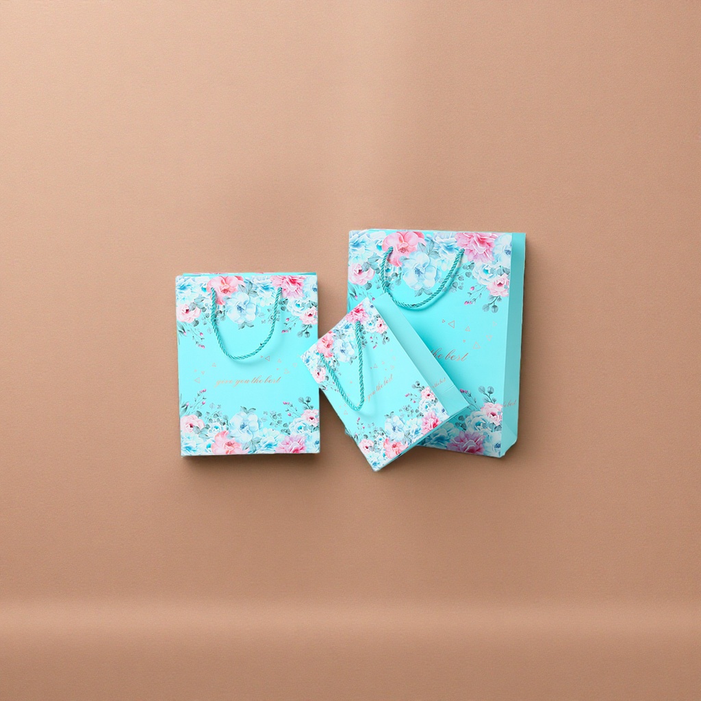 Blue floral pattern gift bag, large hand-held eco-friendly paper bag, gift packaging bag