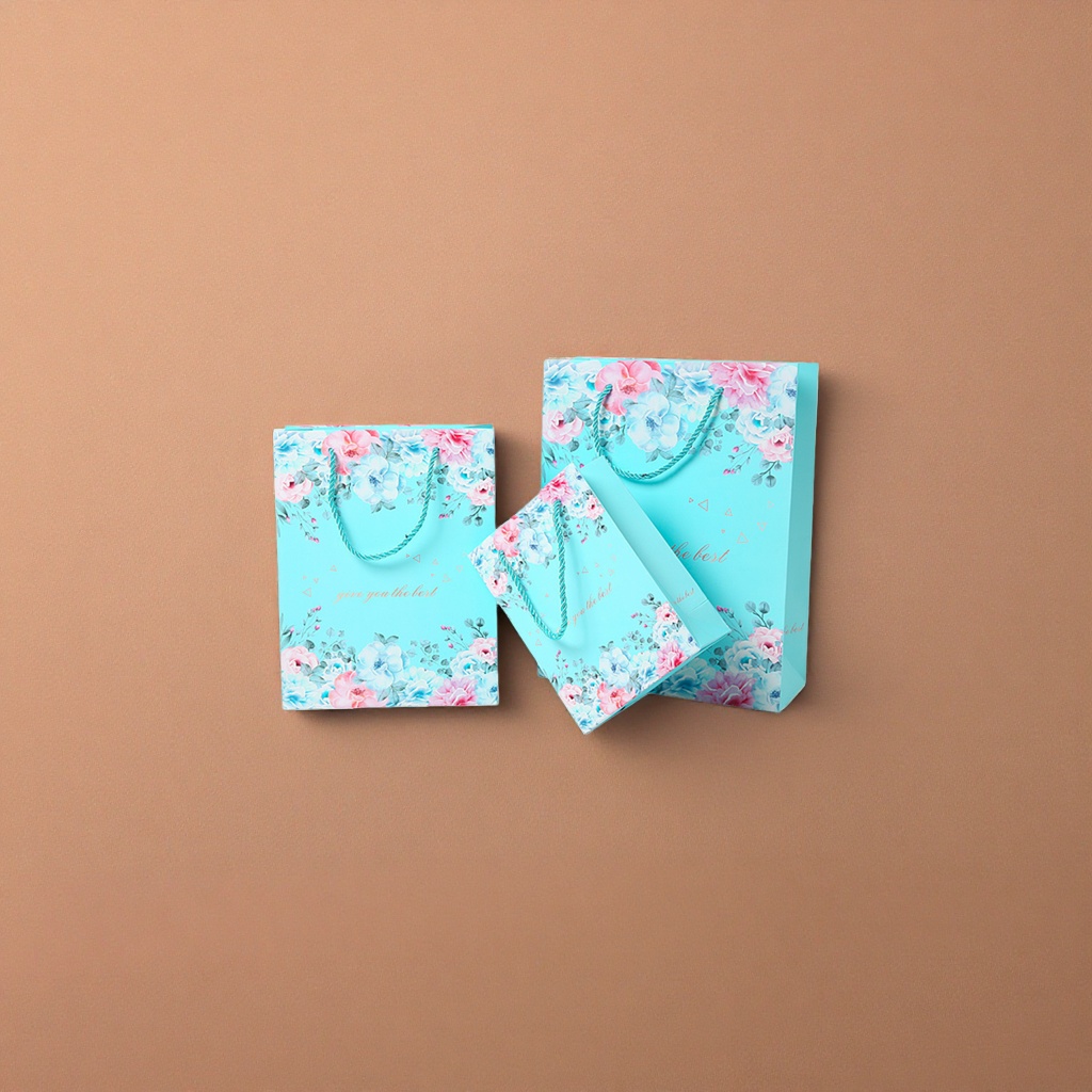 Blue floral pattern gift bag, large hand-held eco-friendly paper bag, gift packaging bag details Picture