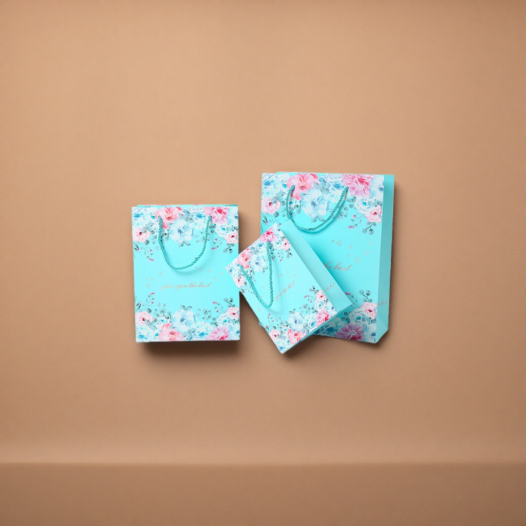 Blue floral pattern gift bag, large hand-held eco-friendly paper bag, gift packaging bag Specification image