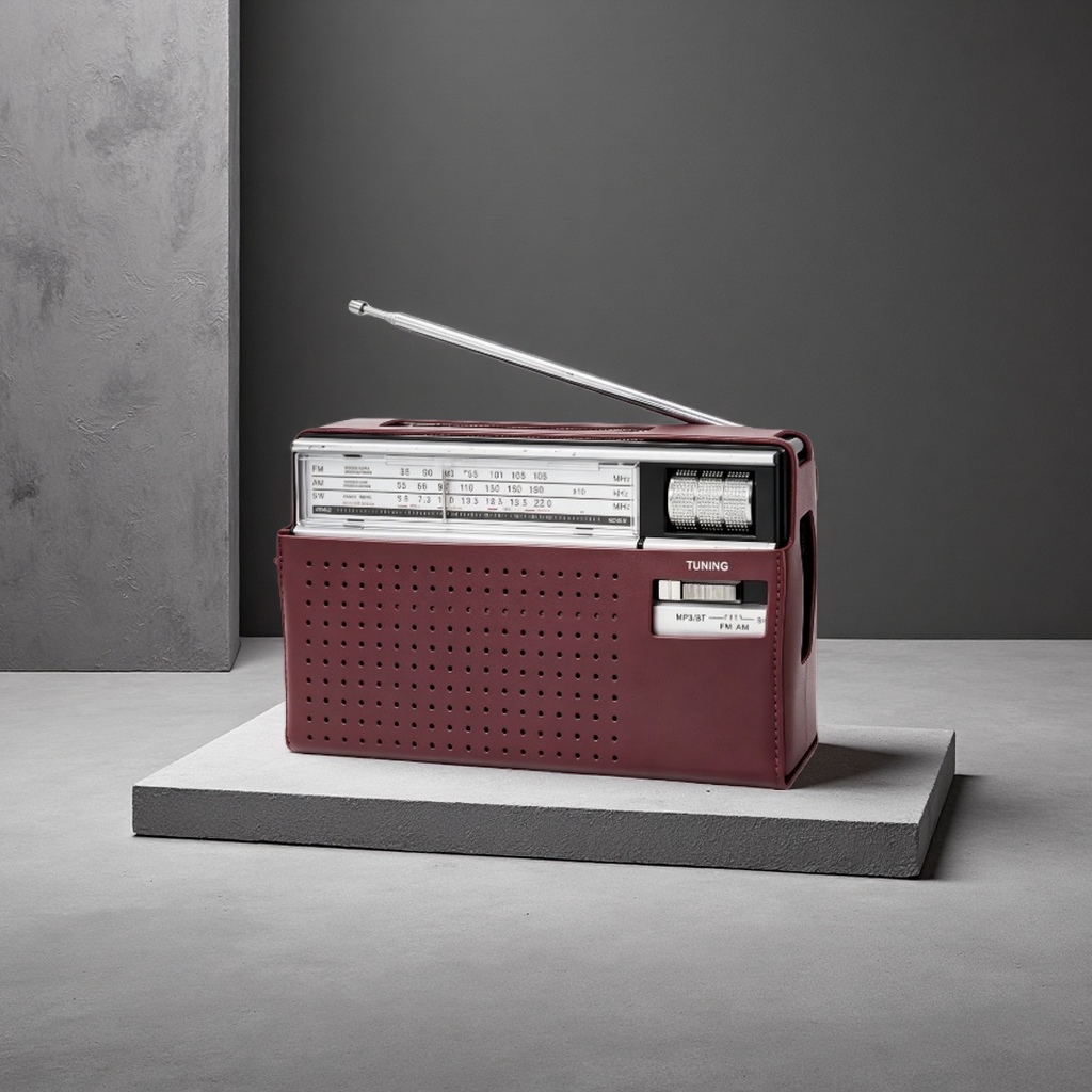 The wine-red leather portable radio features a retro design, is compact and lightweight, and has a long battery life The wine-red leather portable radio features a retro design, is compact and lightweight, and has a long battery life