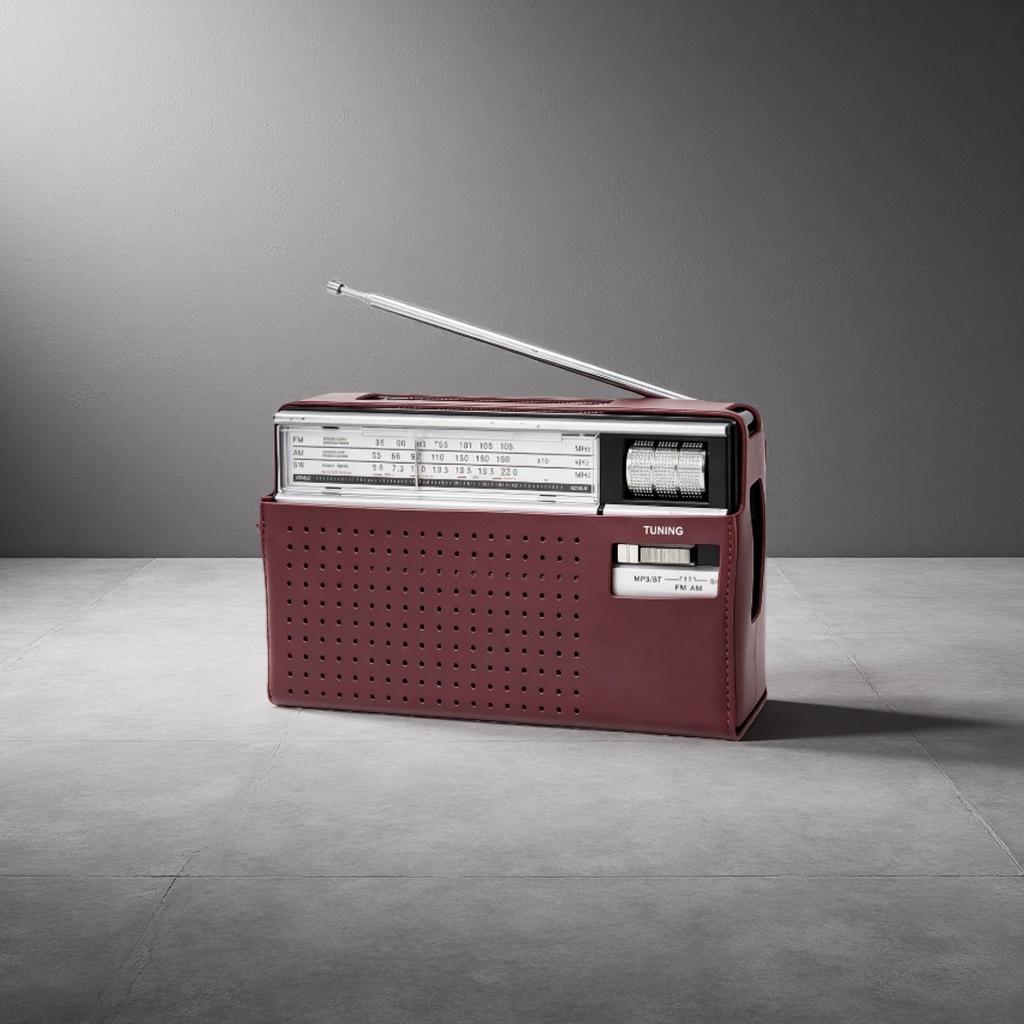 The wine-red leather portable radio features a retro design, is compact and lightweight, and has a long battery life Specification image