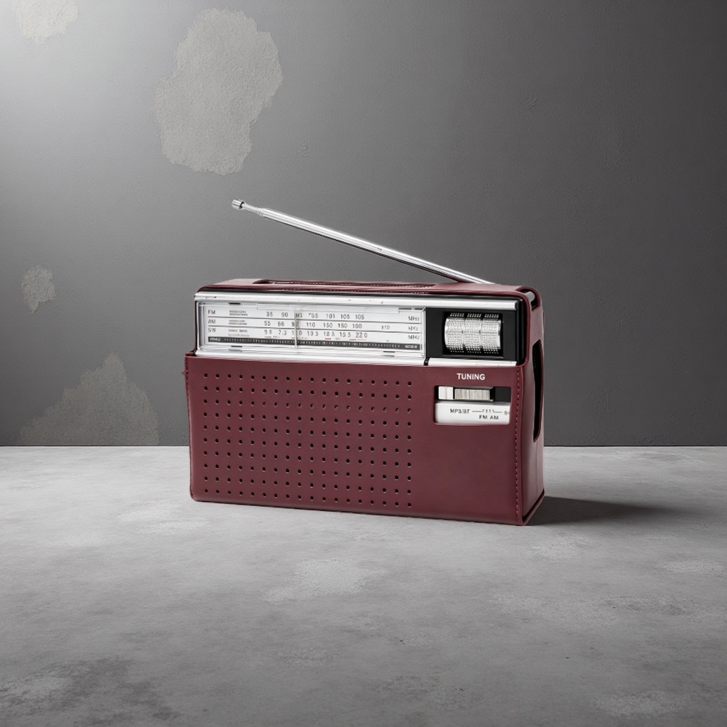 The wine-red leather portable radio features a retro design, is compact and lightweight, and has a long battery life details Picture