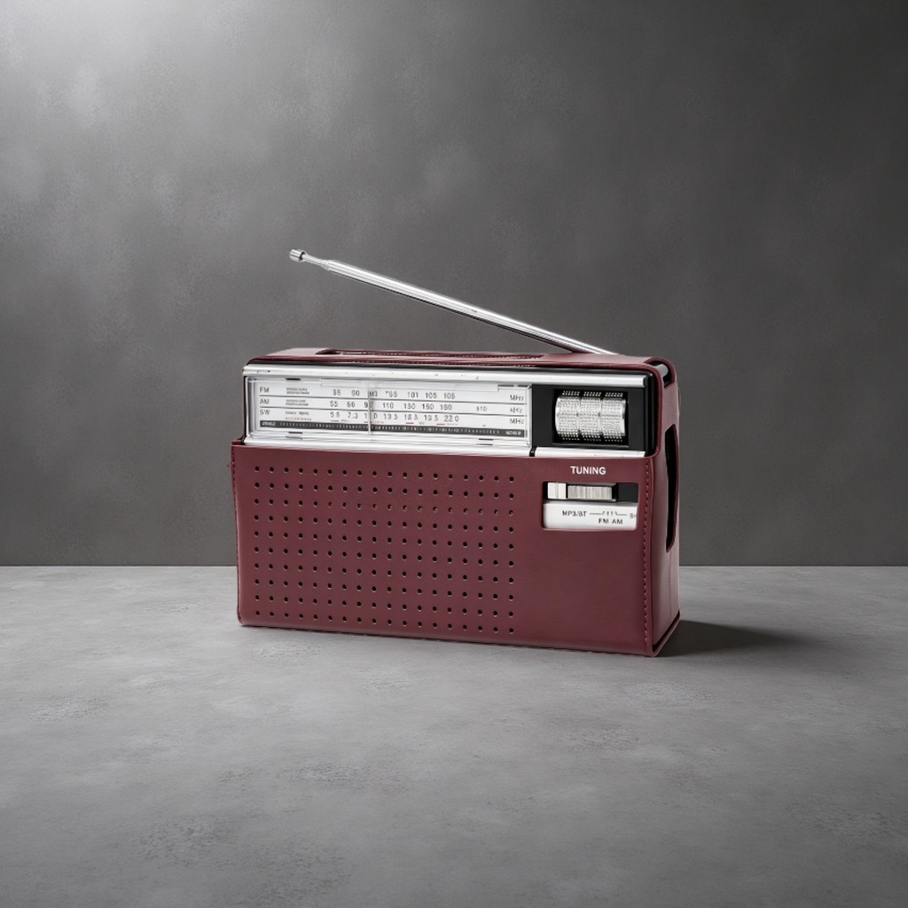 The wine-red leather portable radio features a retro design, is compact and lightweight, and has a long battery life Application Scenario