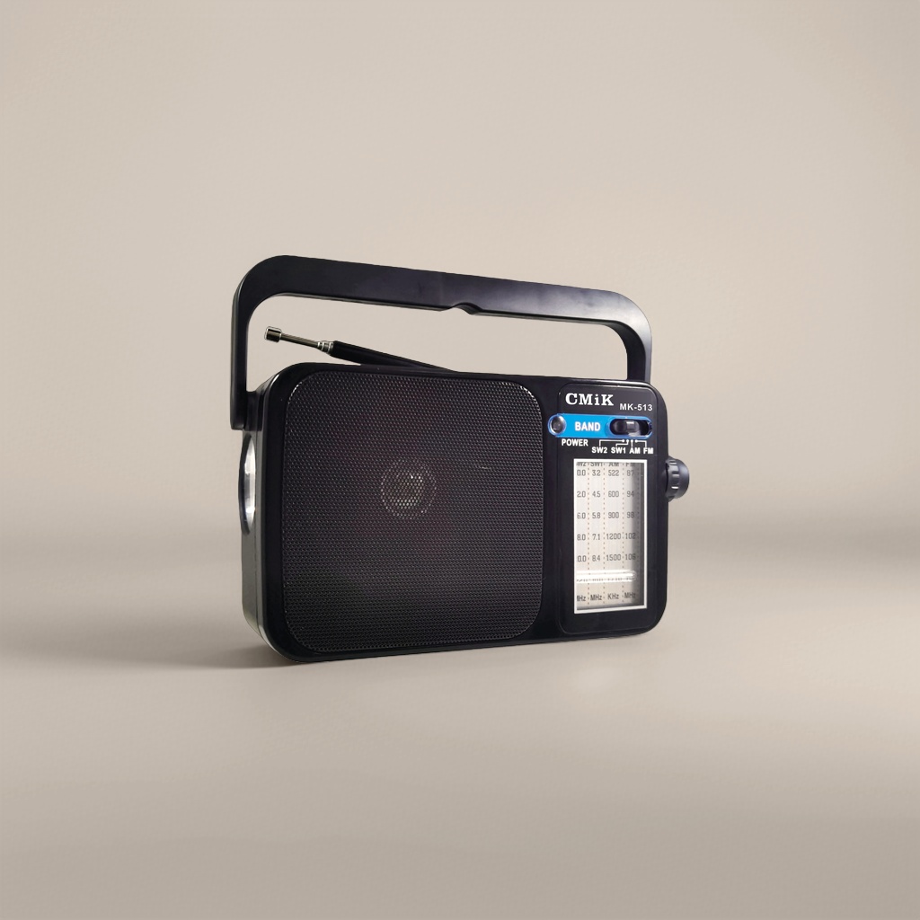 The black portable radio features an ultra-thin design and is battery-powered with dual FM/AM bands