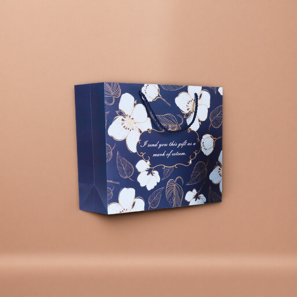Deep blue floral printed gift bag, hand-held gift packaging bag, universal for festivals and weddings