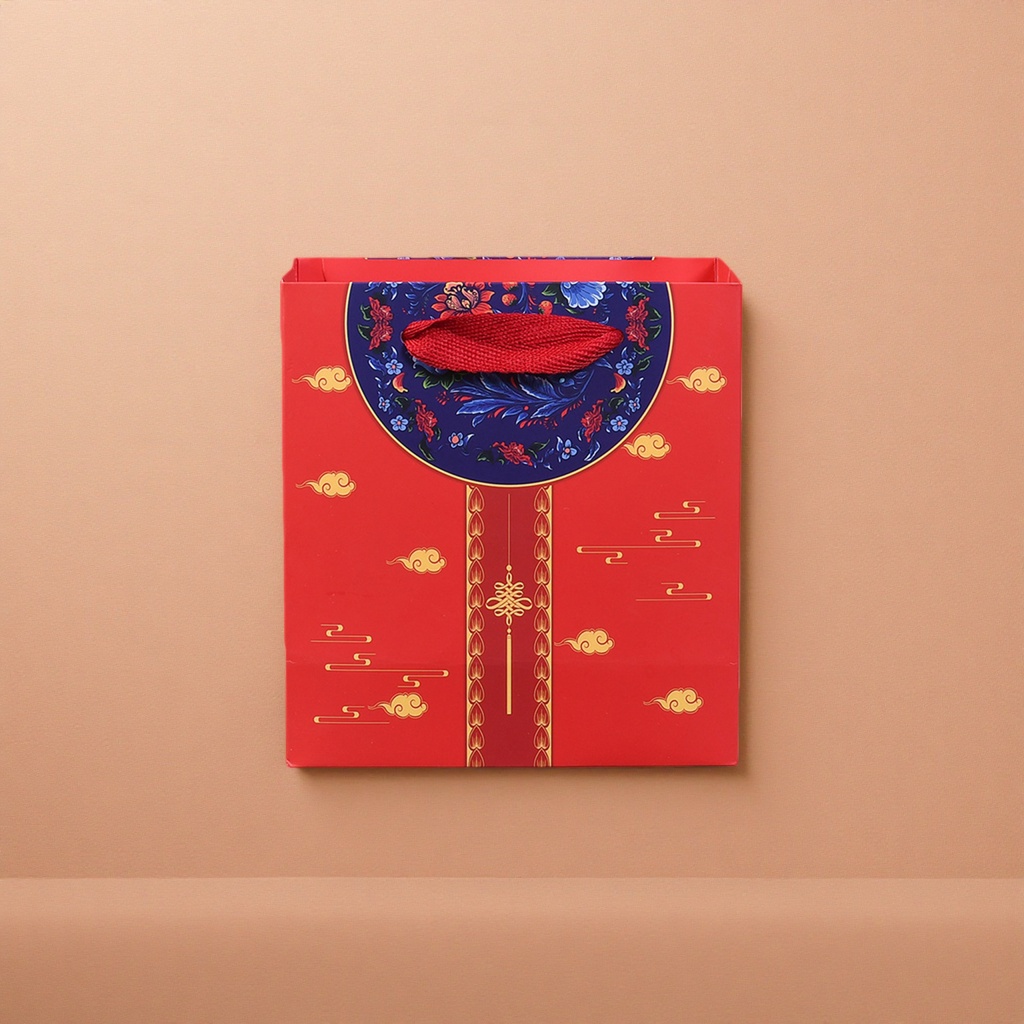 The red gift box features a blue circular floral pattern and golden auspicious cloud decoration