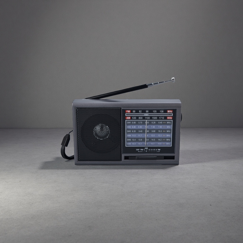 The black portable radio features an ultra-thin design, FM receiver, digital frequency modulation and battery power Application Scenario