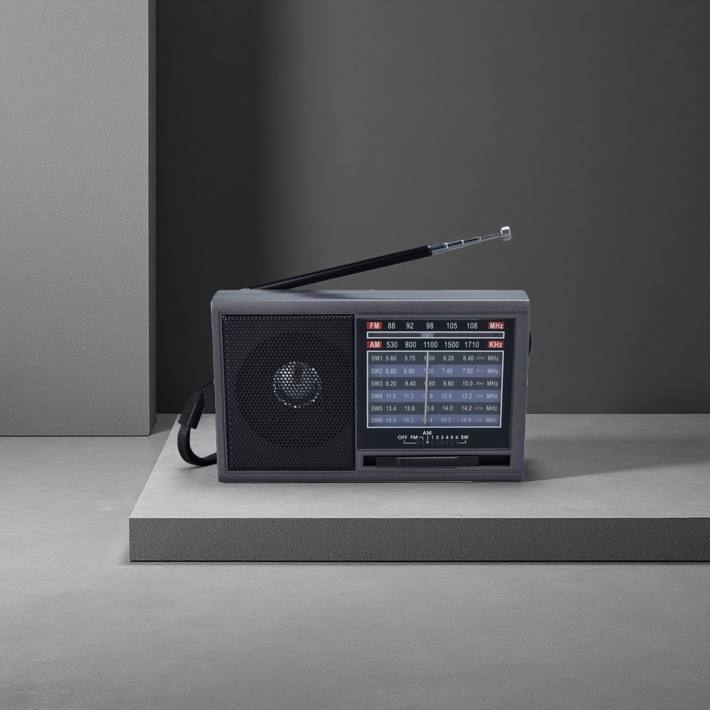 The black portable radio features an ultra-thin design, FM receiver, digital frequency modulation and battery power The black portable radio features an ultra-thin design, FM receiver, digital frequency modulation and battery power
