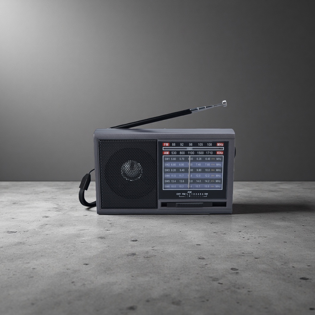 The black portable radio features an ultra-thin design, FM receiver, digital frequency modulation and battery power Specification image