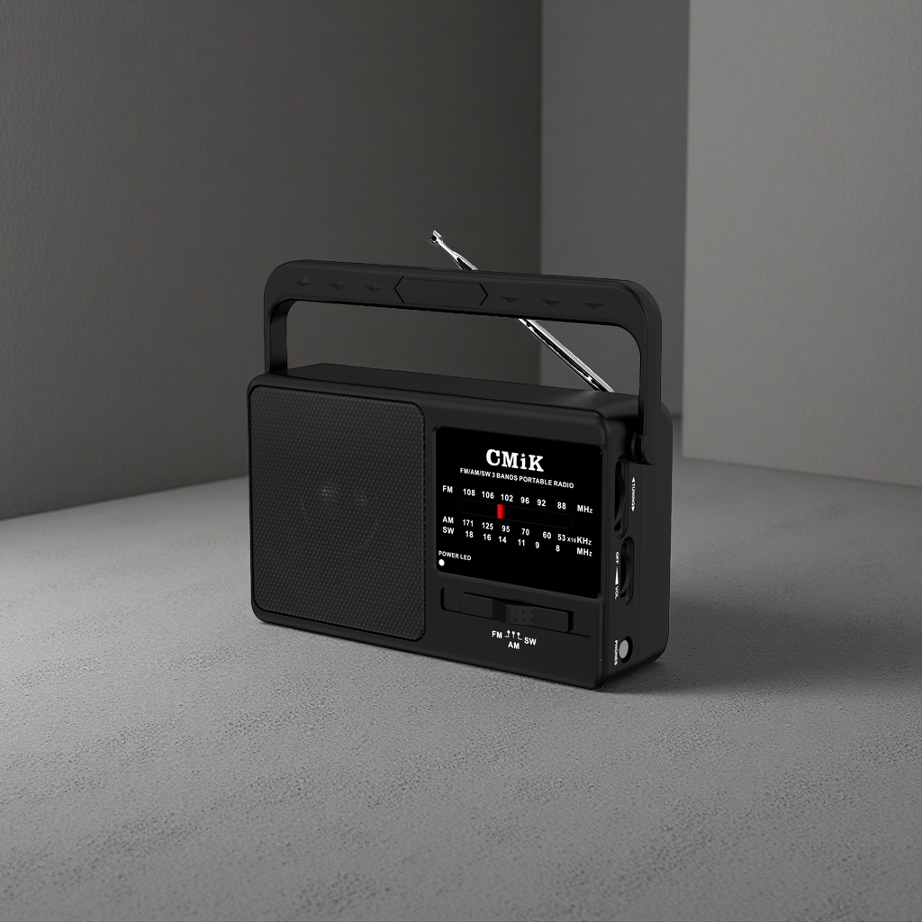 The black portable radio features an ultra-thin design and is powered by a dual-band digital FM/AM battery Application Scenario