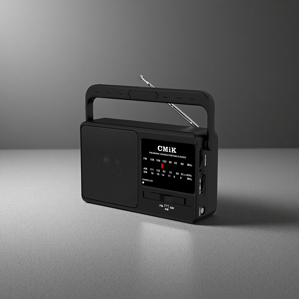 The black portable radio features an ultra-thin design and is powered by a dual-band digital FM/AM battery details Picture